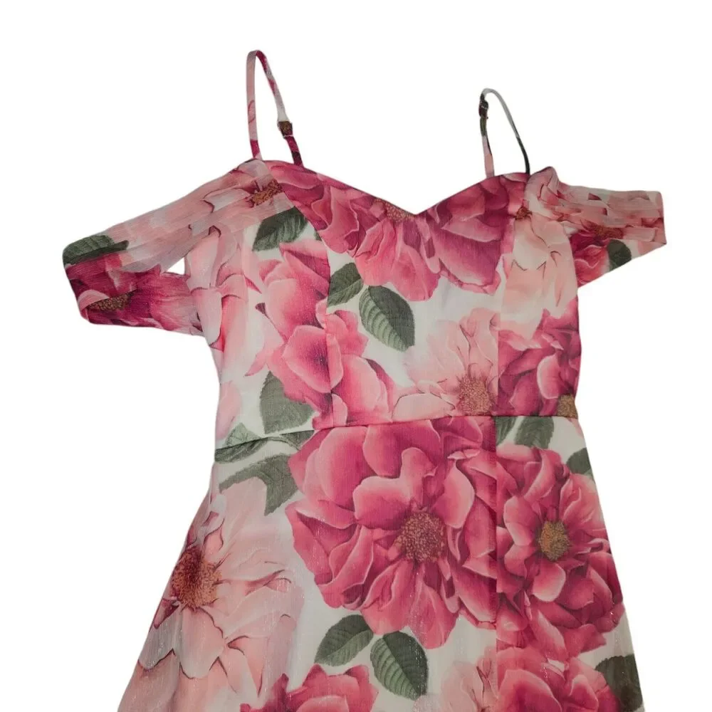 Crystal Doll Women Size‎ 5 Dress Floral Padded Pink Peony Slit Sleeveless Lined